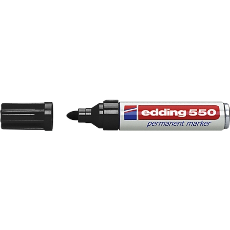 Black Edding 550 permanent marker. Open cap on the left, pen tip pointing to the left.