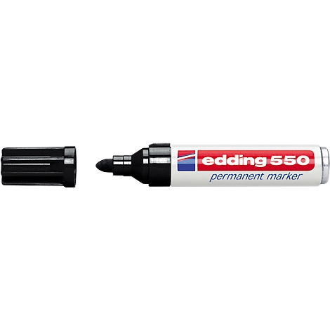 A black edding marker with the cap removed, with the text "edding 550 permanent marker" next to it.