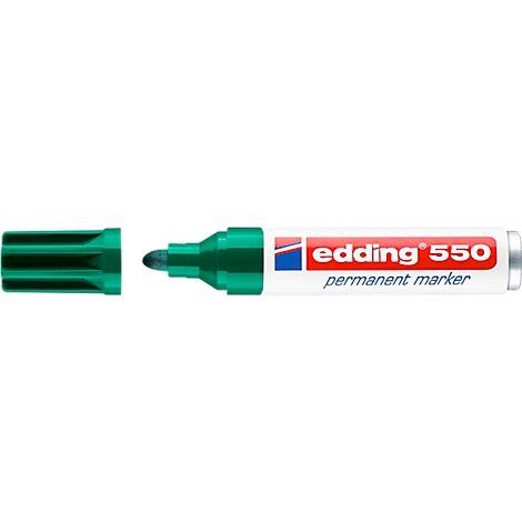 Green Edding 550 permanent marker with the cap open and writing.