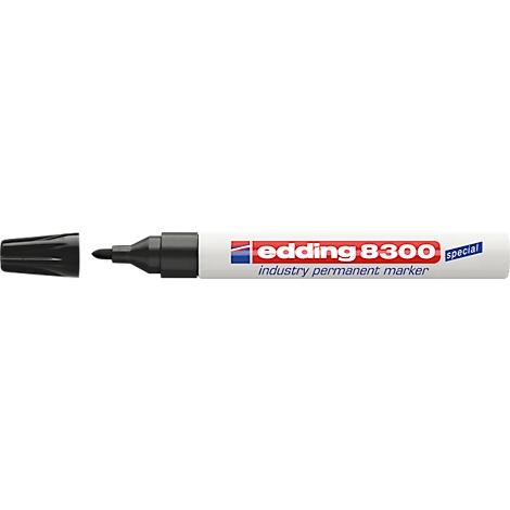 Close-up of a black Edding 8300 industry permanent marker. The pen has a black shaft and a black tip. The logo is visible.