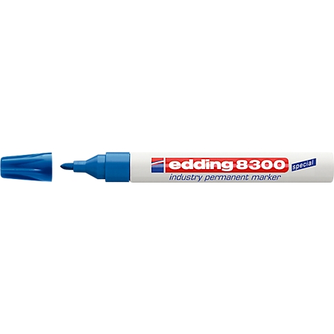 A blue Edding 8300 pen. The cap is lying next to it. The pen is labeled with "edding 8300 industry permanent marker".