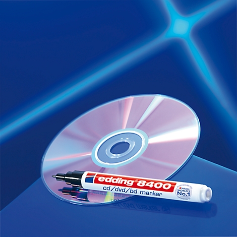 Marqueur CD/DVD et CD sur fond bleu.