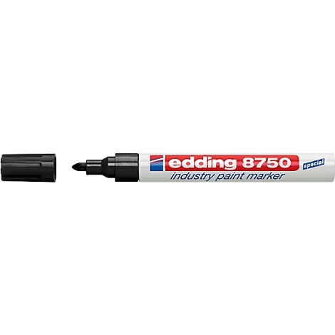 A black Edding 8750 industrial paint marker with the cap off. The pen reads “edding 8750 industry paint marker.”