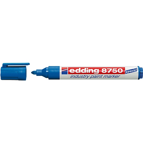 Blue Edding industry paint marker with cap, text: Edding 8750.