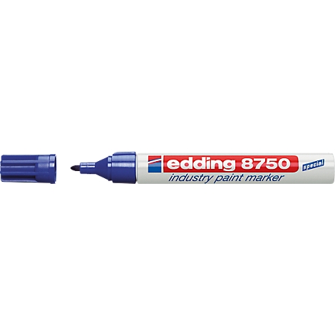 Blue Edding 8750 pen, cap next to it. Inscription: Edding 8750 industry paint marker.