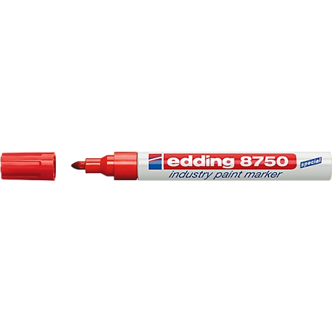 A red Edding 8750 industrial paint marker with the cap off. The pen says 'edding 8750 industry paint marker'.