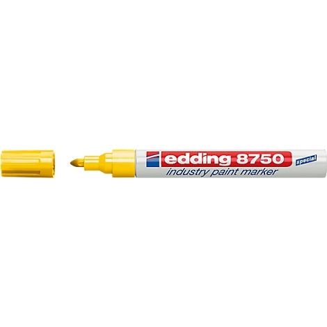 Yellow Edding 8750 industry paint marker. The cap is removed.