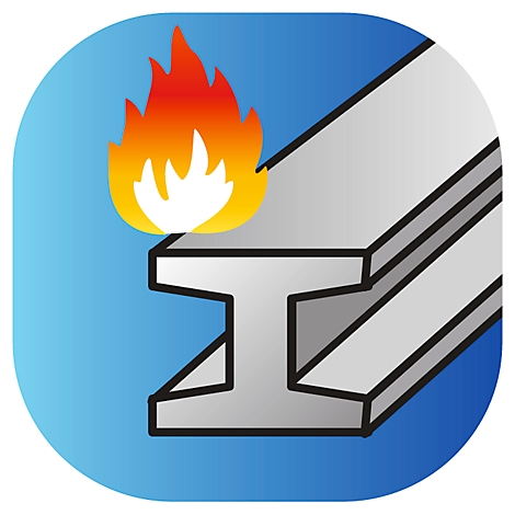 Grey steel profile, flames above, on blue background.