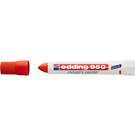 Close-up of a red Edding 950 industry marker. The brand name and product name are on the white pen body.