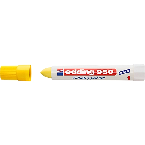 Yellow Edding 950, marker. The pen has a yellow tip and cap, the lettering 'edding 950 industry painter'.