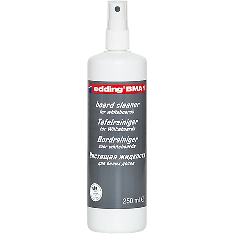 A white bottle of whiteboard cleaner from Edding. Printed texts in various languages.