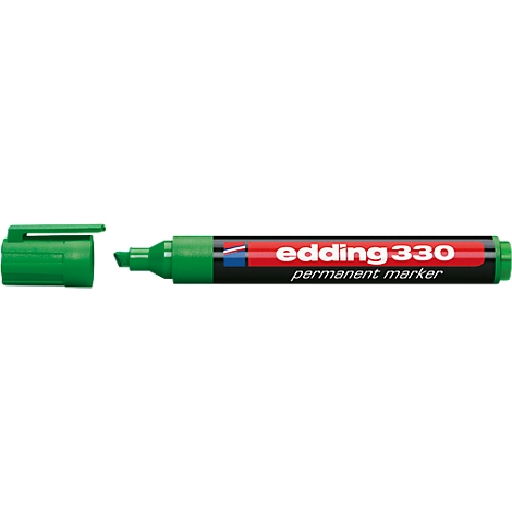 Rotulador permanente Edding 330 verde, tapa al lado. En el bolígrafo pone “edding 330 permanent marker” en letras blancas.