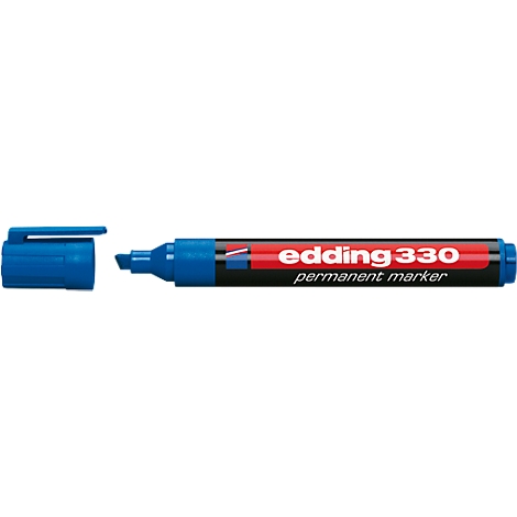 Marcador permanente azul Edding 330 con texto rojo. La tapa está al lado.