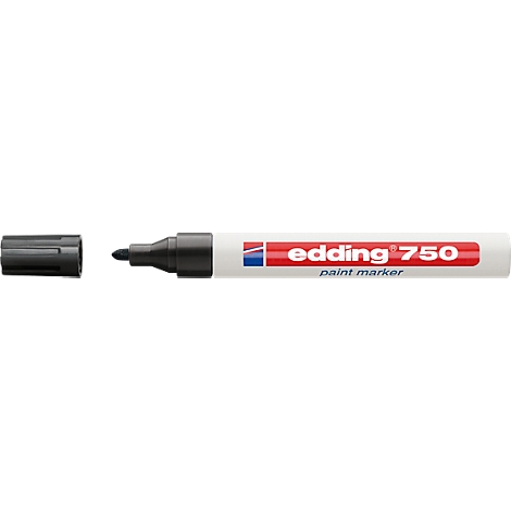 Close-up of a black edding pen with the cap open. The pen has the inscription "edding 750".