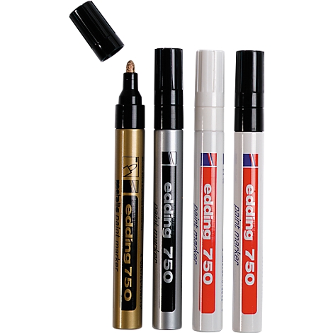 Four Edding 750 paint markers: gold, silver, two white. A black cap is placed next to them.