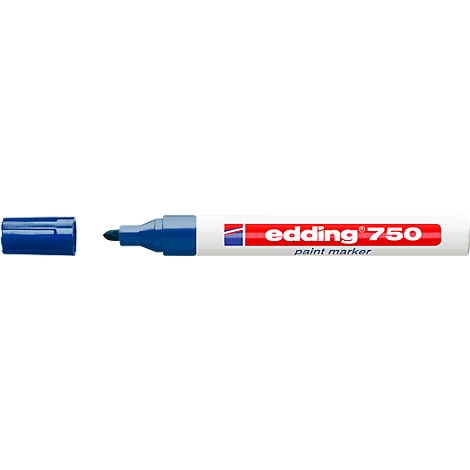 A blue Edding marker, partially open. The pen reads "edding 750 paint marker".
