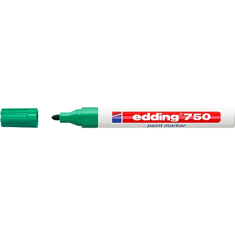 A green Edding marker with the cap open. The pen reads "edding 750 paint marker".