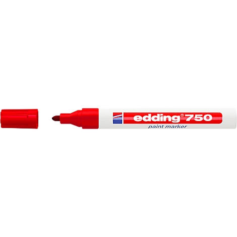 Close-up of a red Edding 750 paint marker, partially open.