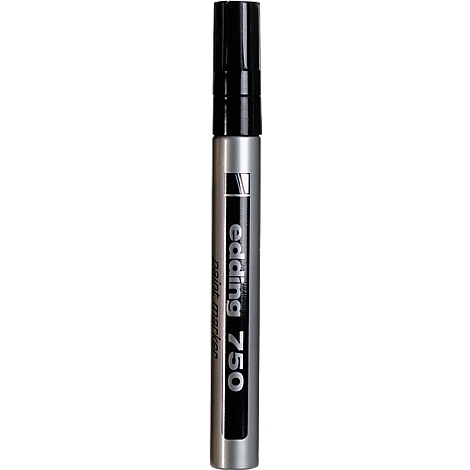A silver Edding 750 paint marker with a black cap. The product label shows the name and product designation.
