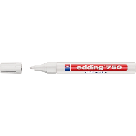 White Edding 750 paint marker with open cap. The pen reads 'edding 750 paint marker' in red.