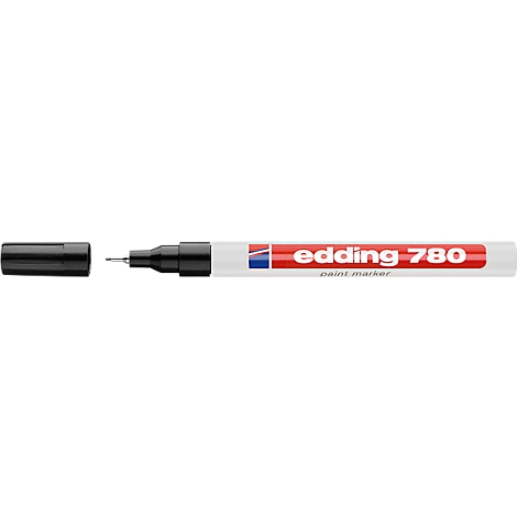 Close-up of a white Edding paint marker, cap beside, inscription 'edding 780'.