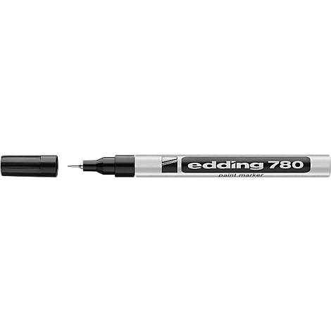 A black Edding felt-tip pen lies on its side. The pen reads "edding 780". The cap is removed.