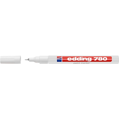 Close-up of a white Edding 780 paint marker with the cap open. The logo and product name are visible.