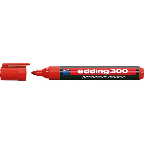 A red Edding 300 permanent marker with the cap removed. Text on the pen reads "edding 300 permanent marker".