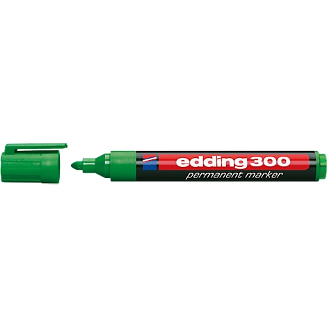 Green Edding permanent marker with the cap removed. The marker is labelled 'edding 300 permanent marker'.