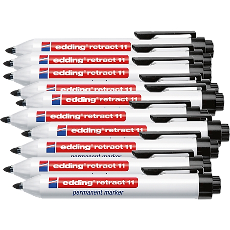 Nahaufnahme von einer Anordnung weißer Edding-Marker mit roter und blauer Beschriftung.