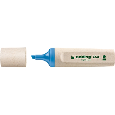 Beiger Textmarker mit blauem Stift. Der Deckel ist abgenommen. Auf dem Stift steht „edding 24 highlighter“.