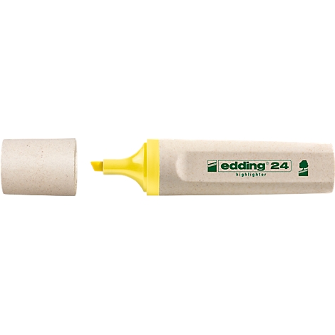Gelber Textmarker von Edding, Kappe daneben. Aufschrift: Edding 24.