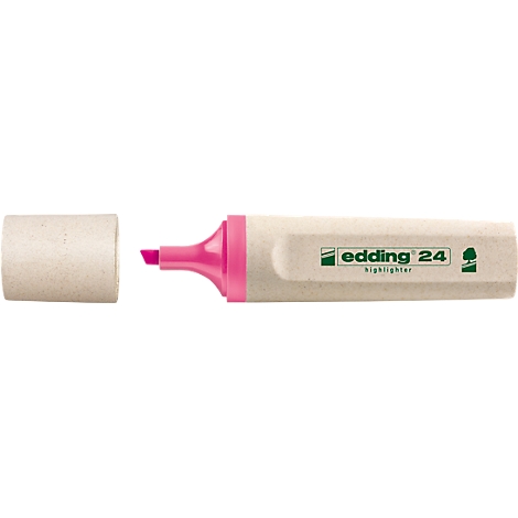 Hellbeiger Textmarker mit abgenommenem Deckel. Rosa Spitze, darauf steht „edding 24 highlighter“.
