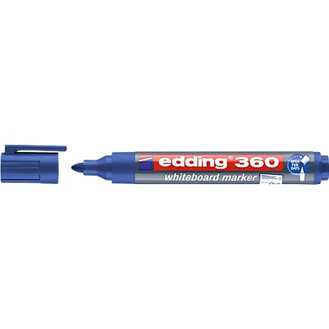 Blue whiteboard marker with open cap. The pen says "edding 360 whiteboard marker".