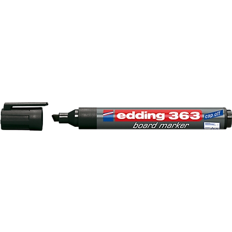 A black Edding board marker with red text, cap next to it.