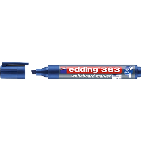 A blue whiteboard marker with the cap removed. The pen reads 'edding 363 whiteboard marker'.