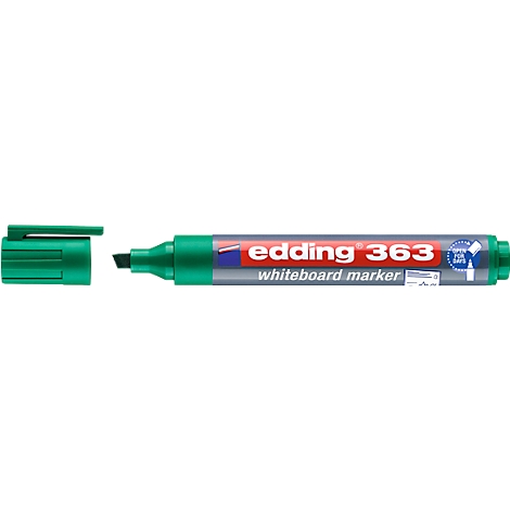 A green whiteboard marker with the cap off. The marker reads "edding 363 whiteboard marker".