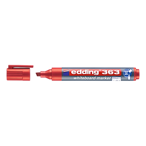 Red Edding whiteboard marker with detached cap. Text: edding 363, whiteboard marker.