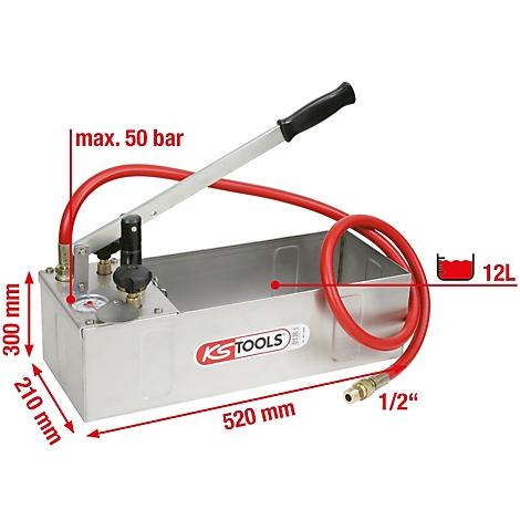 Edelstahl-Druckprüfgerät mit rotem Schlauch, Manometer, Griff. Maße: 520 x 300 x 210 mm, max. 50 bar.