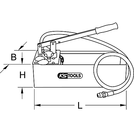 Zeichnung einer KS TOOLS Hydraulikpumpe mit Maßangaben.