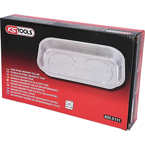 Auf einer roten Box mit Produktbezeichnungen und einem Edelstahl-Magnet-Teller von KS TOOLS. Unten rechts steht die Artikelnummer.