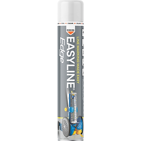 White spray can, gray background. Text EASYLINE, with a blue machine below.