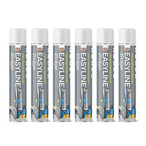 Six white spray cans with gray text reading "EASYLINE Edge".