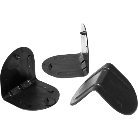 3D image of three black corner plastic brackets, which can be clamped together, with knobs for attachment.