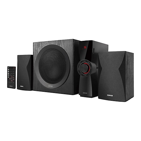 Schwarzes Edifier 2.1 Lautsprechersystem mit Subwoofer, zwei Satelliten, einem Steuerelement und Fernbedienung.