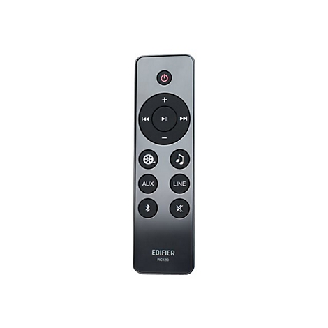 Graue Edifier RC120 Fernbedienung mit Tasten für Wiedergabe, Lautstärke, Eingänge und Bluetooth vor weißem Hintergrund.