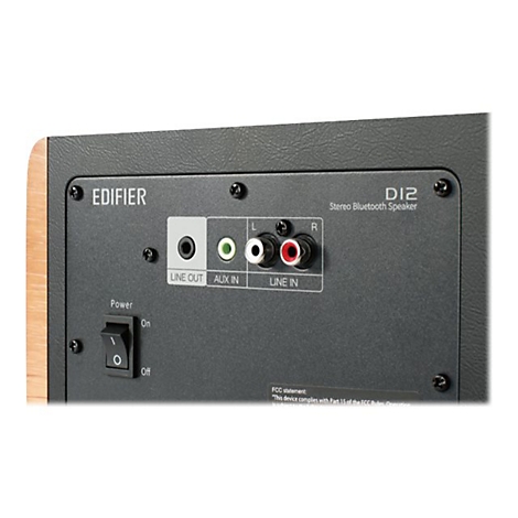 Rückseite des Edifier D12 Lautsprechers mit Anschlüssen für Line Out, Aux In und Line In sowie einem Power-Schalter.