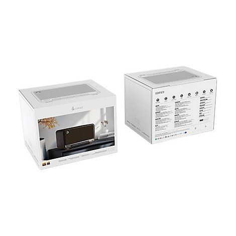 Zwei Edifier D32 Lautsprecher-Verpackungen aus weißem Karton vor einem neutralen weißen Hintergrund.