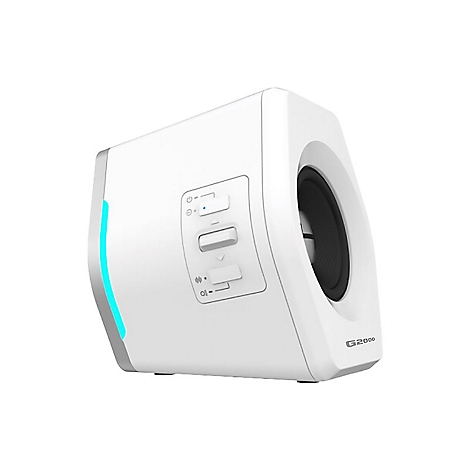Weißer Gaming-Lautsprecher Edifier G2000 mit blauem LED-Lichtstreifen und seitlichen Bedientasten auf weißem Grund.