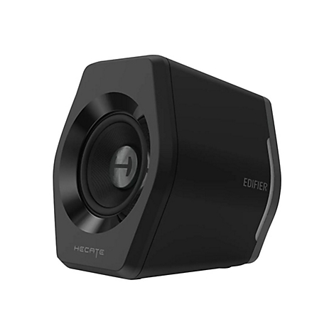 Schwarzer, moderner Hecate Gaming-Lautsprecher mit edlem Design auf weißem Hintergrund.